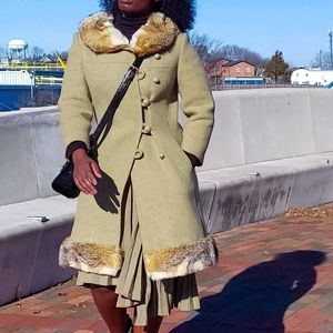 Olive Green Wool and Fur Peacoat. Vintage Wool Fur Coat